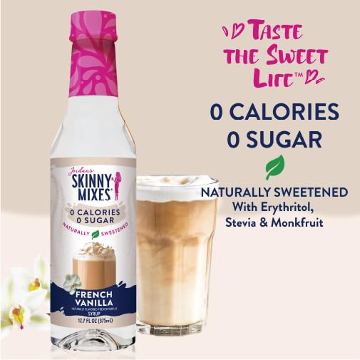 Jordan's Skinny Mixes Sugar Free Coffee Syrup, French Vanilla Coffee Flavoring Syrup, Naturally Sweetened Zero Calorie Drink Mix, Lattes, Baking or Protein Shake, Dairy & Gluten Free, 12.7 Fl Oz