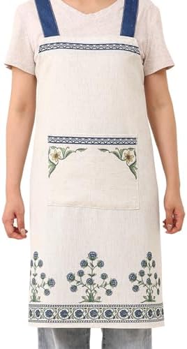 patdrea Blue Floral Linen Apron with Pocket,French Kitchen Garden Chef BBQ Aprons for Women and Men,Crisscross Back Straps - Image 2