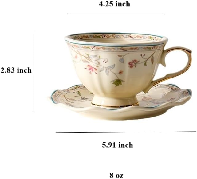 8 oz Vintage flower Ceramic cup and 6" saucer set with Brand customized stainless steel spoon Gifts for Afternoon Tea Coffee Hour (A)