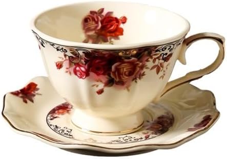 8 oz Vintage flower Ceramic cup and 6" saucer set with Brand customized stainless steel spoon Gifts for Afternoon Tea Coffee Hour (B)