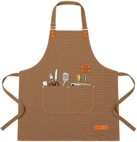 Teskyer Canvas Kitchen Apron with 4 Pockets | Cross Back or Adjustable Strap Design, 4 Utility Pockets, Water & Oil Resistant Fabric for Cooking Gardening & Crafts by TESKYER