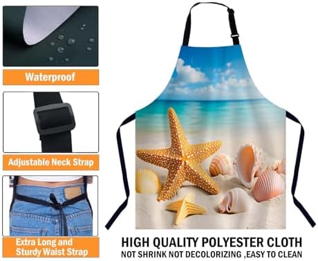 Starfish and Seashells on the Beach Bib Apron with Adjustable Neck for Men Women,Suitable for Kitchen Cooking Chef Grill Bistro BBQ Apron - Image 3