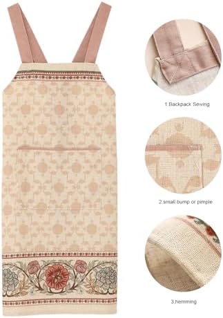patdrea Blue Floral Linen Apron with Pocket,French Kitchen Garden Chef BBQ Aprons for Women and Men,Crisscross Back Straps - Image 6
