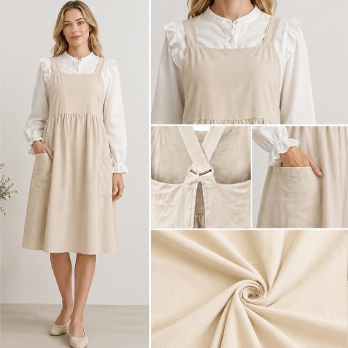 Uaussi Cotton Linen Apron Cross Back Work Apron for Women with Pockets Pinafore Dress X Cross Halter Apron for Chef Gardening - Image 2