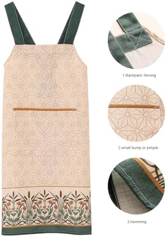 patdrea Blue Floral Linen Apron with Pocket,French Kitchen Garden Chef BBQ Aprons for Women and Men,Crisscross Back Straps - Image 6