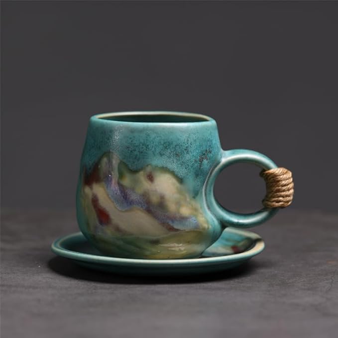 8oz Small Vintage Japanese Style Handmade Ceramic Tea Cup with Saucer , Lead-Free Cappuccino Mug, Artisanal Coffee Mug with saucer set,Handcrafted mug with handle, For Espresso, Latte ,Teal Green