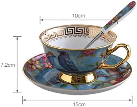 YBK Tech Euro Style Cup& Saucer Set Art Bone China Ceramic Tea Coffee Cup for Breakfast Home Kitchen- Birds and Trees Patterns (Blue)