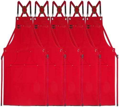 5 Pack Kitchen Apron, Work Apron, Canvas Apron, Red | Multiple Pockets, Gardening, Painting, BBQ, Artist, Carpenter, Sizes M to XXL by Stenffy