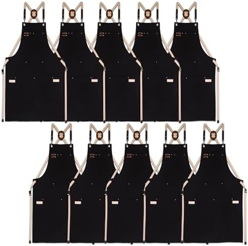 10 Pack Kitchen Apron, Work Apron, Canvas Apron, Black | Multiple Pockets, Gardening, Painting, BBQ, Artist, Carpenter, Sizes M to XXL by Stenffy