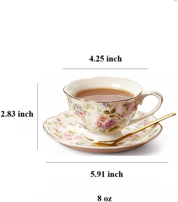 8 oz Vintage flower Ceramic cup and 6" saucer set with Brand customized stainless steel spoon Gifts for Afternoon Tea Coffee Hour (H)