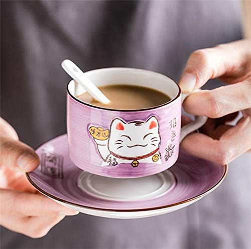 EatingBiting 5 Colors Handcraft Lucky Cat Maneki Neko Ceramic Tea Cups Mugs Dish Spoon 3PCs (purple)