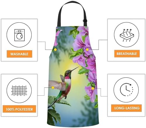 Hummingbird and Pink Flowers Waterproof Apron Kitchen Chef Aprons Bibs for Grooming Cooking Baking Painting Gardening - Image 4
