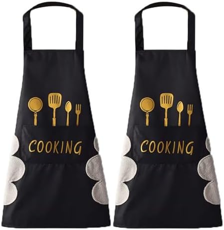 Kitchen Apron with Hand Wipe,Water-drop Resistant with 2 Pockets Cooking Bib Aprons for Women Men Chef by ATRDTO