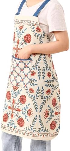 patdrea Blue Floral Linen Apron with Pocket,French Kitchen Garden Chef BBQ Aprons for Women and Men,Crisscross Back Straps - Image 2