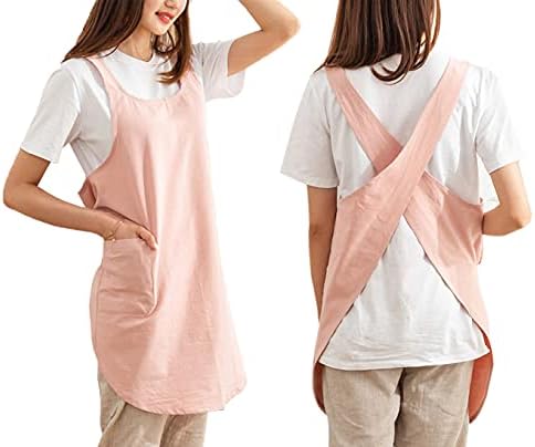 Cotton Cross Back Aprons Solid Color Cooking Kitchen Garden Smock for Women Girls with Pockets by Caatoor