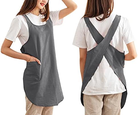 Cotton Cross Back Aprons Solid Color Cooking Kitchen Garden Smock for Women Girls with Pockets by Caatoor