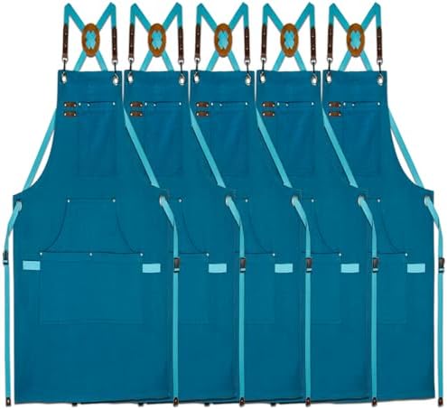 5 Pack Kitchen Apron, Work Apron, Canvas Apron, Blue | Multiple Pockets, Gardening, Painting, BBQ, Artist, Carpenter, Sizes M to XXL by Stenffy
