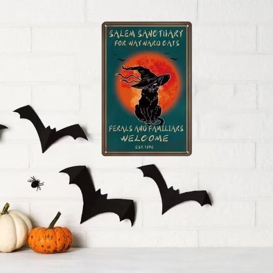 bivrten Vintage Halloween Decor Tin Sign Coffee Black Cat Metal Poster Salem Sanctuary For Wayward Cats Poster Goth Cat Poster Home Coffee Wall Art Decoration Decor Retro Metal Tin Sign 12x8 inch - Image 4