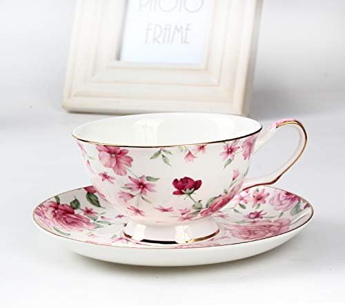 BTaT- Floral Tea Cups and Saucers Set of 4 (7 oz), Porcelain Tea Cup Sets, Assorted Colors with Gold Trim & Gift Box, Dishwasher & Freezer Safe