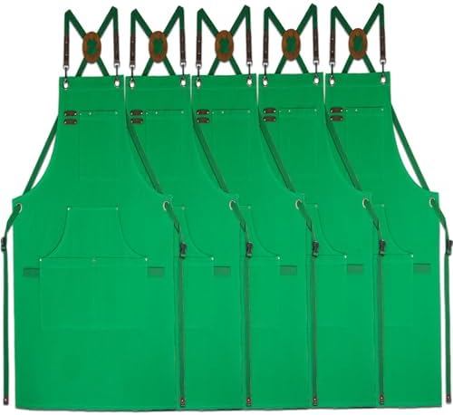 5 Pack Kitchen Apron, Work Apron, Canvas Apron, Green | Multiple Pockets, Gardening, Painting, BBQ, Artist, Carpenter, Sizes M to XXL by Stenffy