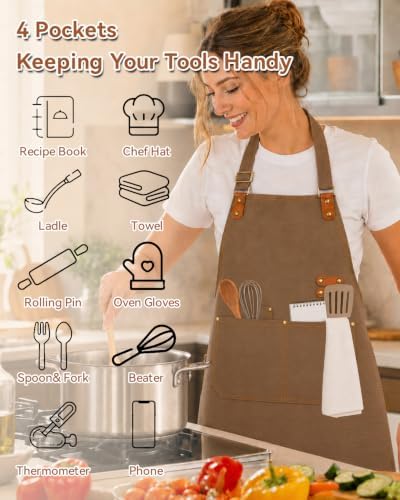 Teskyer Canvas Kitchen Apron with 4 Pockets | Cross Back or Adjustable Strap Design, 4 Utility Pockets, Water & Oil Resistant Fabric for Cooking Gardening & Crafts - Image 3