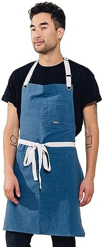 Caldo Linen Kitchen Apron for Cooking- Mens and Womens Linen Bib Apron for Professional Chef, Server, or Barista- Adjustable with Pockets (Vintage Blue) by MOSCHE