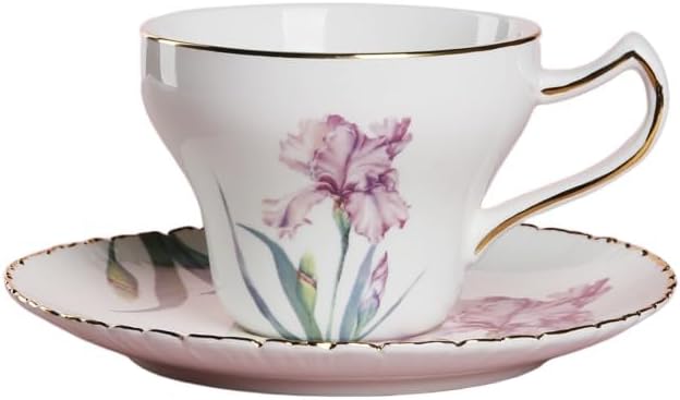 Bone China Tea Cup Set with Saucer Spoon - 3 Piece Set (7oz) Cappuccino & Latte Cups, Porcelain British Style, Mother's Day Gift (Pink Iris)