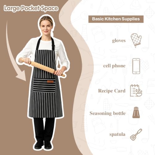 Chef Apron Bib Apron with 2 Large Pockets Adjustable Neck Strap Kitchen Apron Cooking Apron Stripes Baking Apron - Image 5