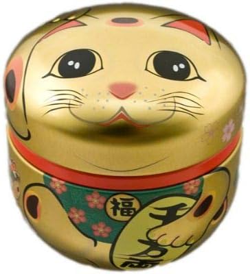 Japanese Made Lucky Cat Aluminum 100g Tea Canister Loose Tea Container Keep Dry Made In Japan (Gold Maneki Neko)