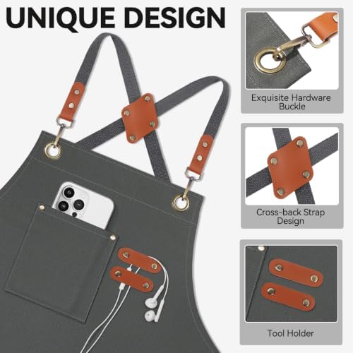 NLUS Chef Aprons for Men Women with 4 Pockets, Water Repellent Cotton Canvas Cross Back Apron - Image 4
