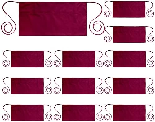 PLOYMONO 12P Burgundy Server Apron with 3 Pocket,Short Waist Waitress Apron | Polyester Short Waiter Apron with 3 Deep Pockets, Great for Restaurant Servers, Bartenders, Hosts, Baristas by PLOYMONO