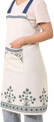 patdrea Blue Floral Linen Apron with Pocket,French Kitchen Garden Chef BBQ Aprons for Women and Men,Crisscross Back Straps - Image 3