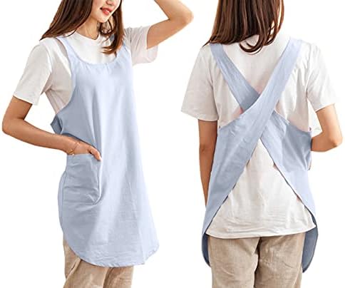 Cotton Cross Back Aprons Solid Color Cooking Kitchen Garden Smock for Women Girls with Pockets by Caatoor