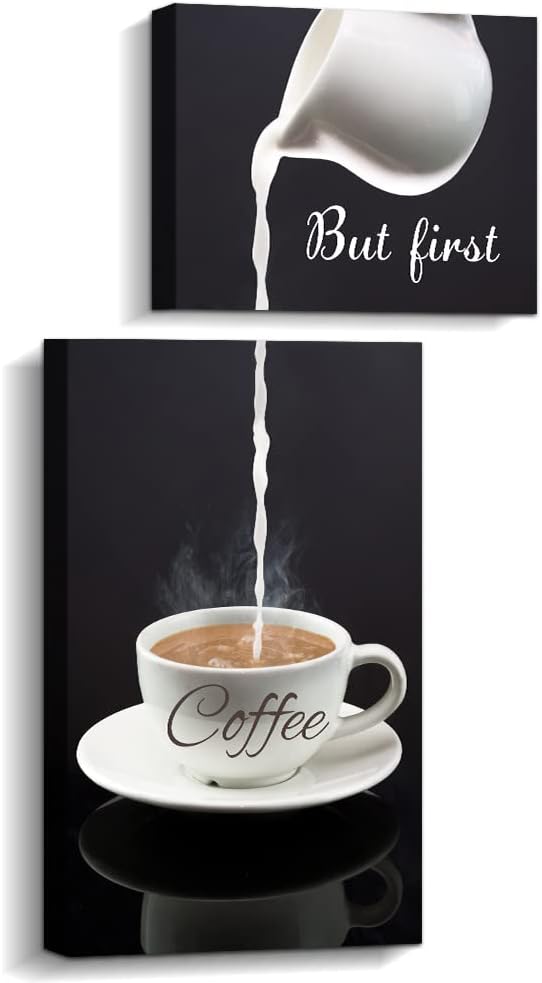 Pinetree Art Coffee Bar Wall Decor - But First Coffee Sign - Kitchen Canvas Wall Art for Modern Home Dining Room by PinetreeArt