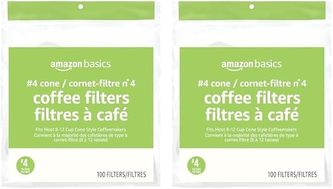 Amazon Basics Number 4 Cone Coffee Filters for 8-12 Cup Coffee Makers, White, 100 Count (Pack of 2)