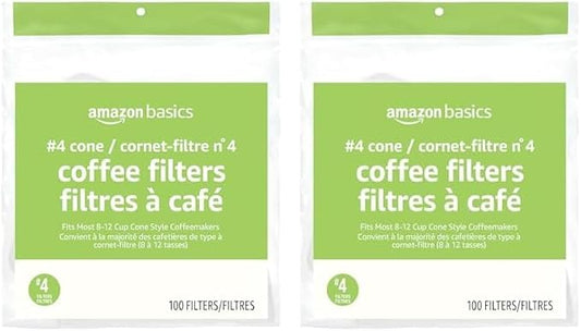Amazon Basics Number 4 Cone Coffee Filters for 8-12 Cup Coffee Makers, White, 100 Count (Pack of 2)