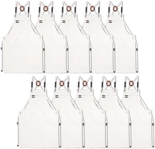 10 Pack Kitchen Apron, Work Apron, Canvas Apron, White | Multiple Pockets, Gardening, Painting, BBQ, Artist, Carpenter, Sizes M to XXL by Stenffy