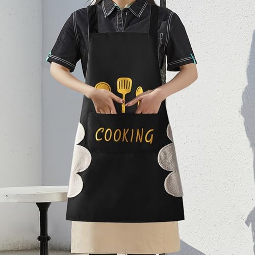 Kitchen Apron with Hand Wipe,Water-drop Resistant with 2 Pockets Cooking Bib Aprons for Women Men Chef - Image 3