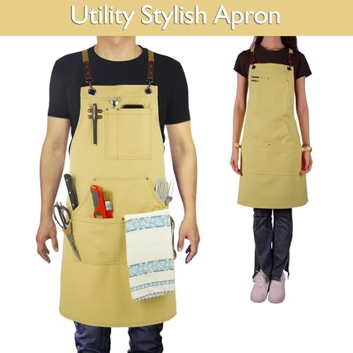 5 Pack Kitchen Apron, Work Apron, Canvas Apron, Amber | Multiple Pockets, Gardening, Painting, BBQ, Artist, Carpenter, Sizes M to XXL - Image 2