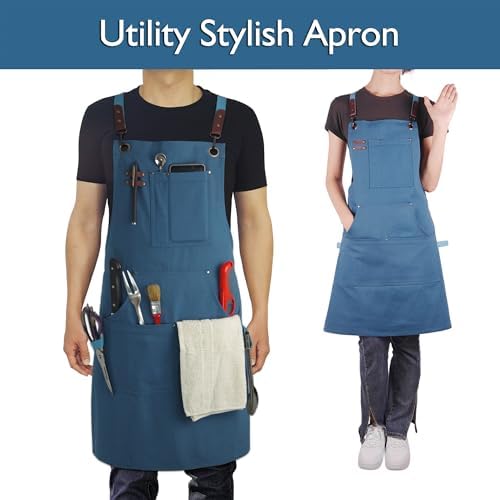 10 Pack Kitchen Apron, Work Apron, Canvas Apron, Blue | Multiple Pockets, Gardening, Painting, BBQ, Artist, Carpenter, Sizes M to XXL - Image 2