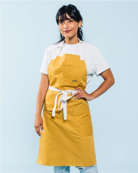Caldo Daily Cotton Kitchen Apron for Cooking- Mens and Womens Professional Chef or Server Bib Apron - Adjustable Straps with Pockets and Towel Loop (Mustard) - Image 2