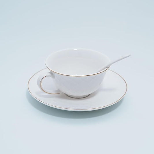 Bone China Tea Cup and Saucer Set with Spoon，Elegant Floral Tea Cup Set (7 oz)，British Coffee Latte Mug for Mother's Day Gifts