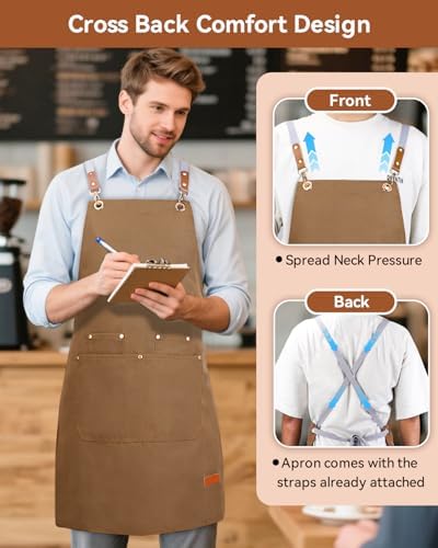 Teskyer Canvas Kitchen Apron with 4 Pockets | Cross Back or Adjustable Strap Design, 4 Utility Pockets, Water & Oil Resistant Fabric for Cooking Gardening & Crafts - Image 6