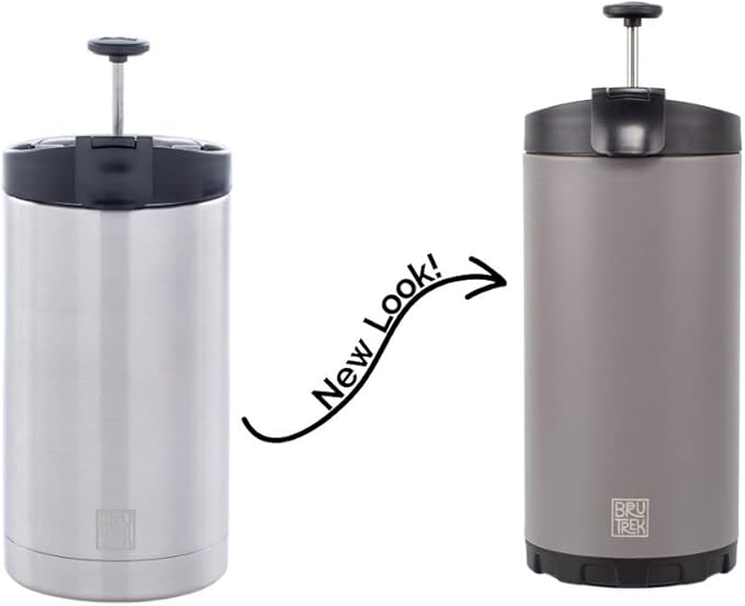 BruTrek® by Planetary Design Steel Toe 3.0 Travel Coffee Press - Brew 20 fl.oz On The Go - No Spill Lid, Double Wall Vacuum Insulated Stays Hot for Hours, French Press Coffee (Storm Gray)