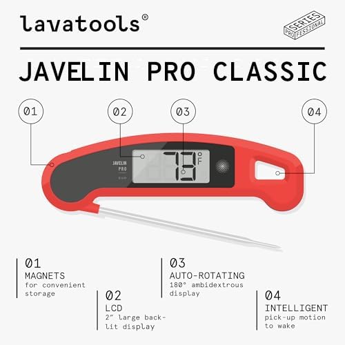 Lavatools Javelin® PRO Classic Ultra-Fast 2-Second Professional Digital Instant Read Meat Thermometer for Grill and Cooking, Auto-Rotating Backlit Display, IP65 Water Resistant – Ink