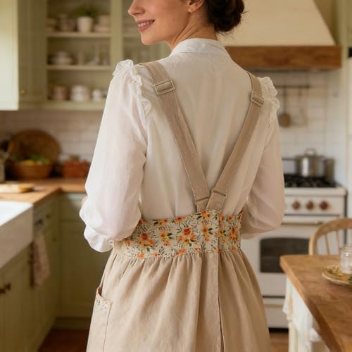 Uaussi Cotton Linen Apron Cross Back Work Apron for Women with Pockets Pinafore Dress X Cross Halter Apron for Chef Gardening - Image 5