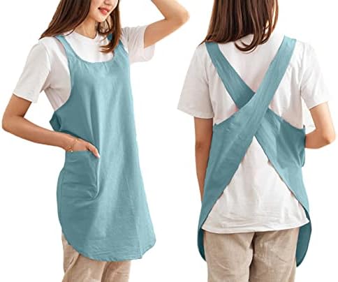 Cotton Cross Back Aprons Solid Color Cooking Kitchen Garden Smock for Women Girls with Pockets by Caatoor