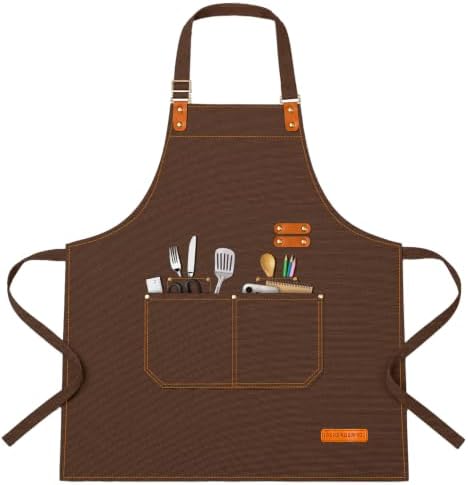 Teskyer Canvas Kitchen Apron with 4 Pockets | Cross Back or Adjustable Strap Design, 4 Utility Pockets, Water & Oil Resistant Fabric for Cooking Gardening & Crafts by TESKYER