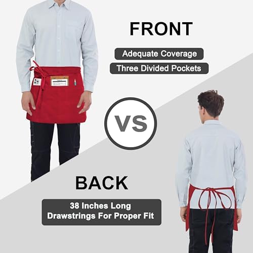PLOYMONO 6P Red Server Apron with 3 Pockets, Short Waist Waitress Apron | Polyester Short Waiter Apron with 3 Deep Pockets, Great for Restaurant Servers, Bartenders, Hosts, Baristas - Image 5