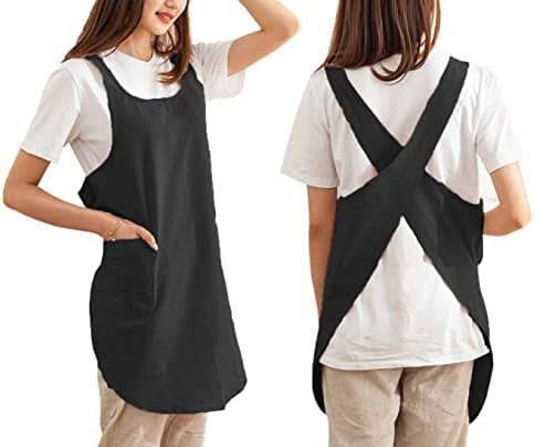 Cotton Cross Back Aprons Solid Color Cooking Kitchen Garden Smock for Women Girls with Pockets by Caatoor